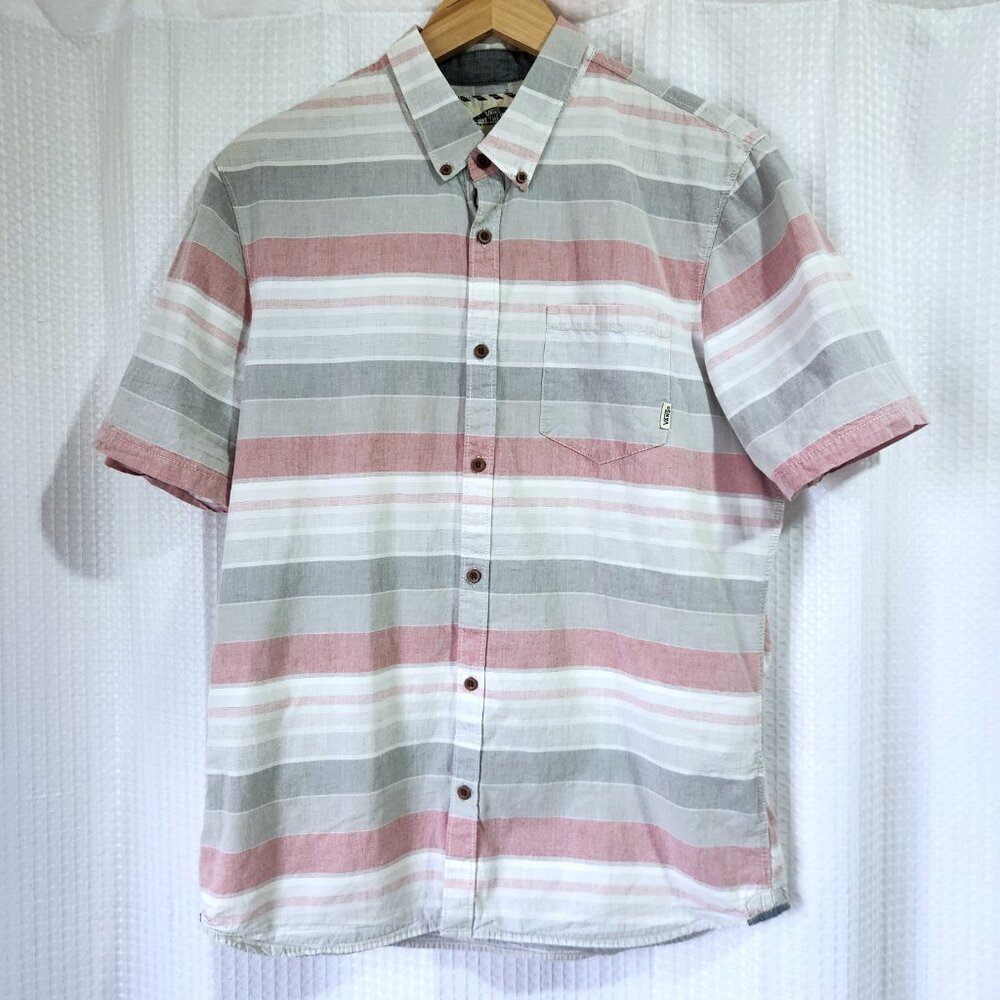 Vans Mens Size Large Ombre Stripe Short Sleeve Button Up Cotton Shirt Pink Grey